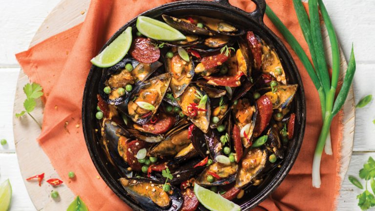 Spicy Mussels with Chorizo in a Creamy White Wine Sauce