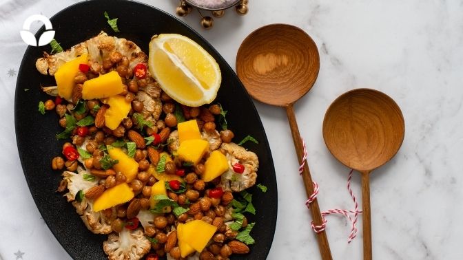 Grilled Cauliflower Steaks with Crispy Chickpeas and a Mango Salad