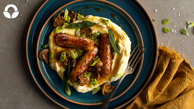 Orange glazed pork sausages and mash