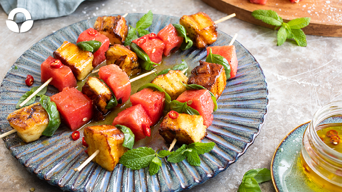 Watermelon and Halloumi Skewers with Lemon Dressing
