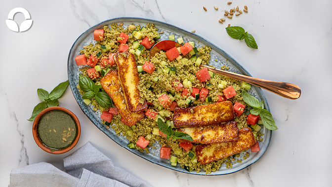 Watermelon & Basil Tabbouleh with Grilled Halloumi